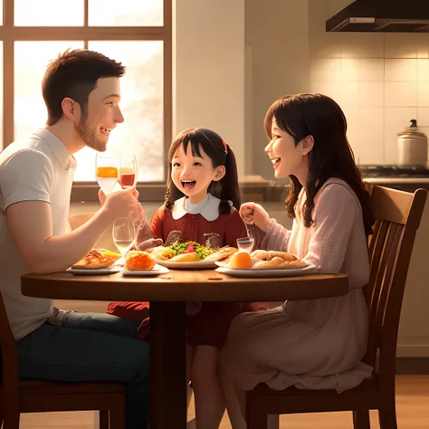 A scene of a family of three enjoying dinner