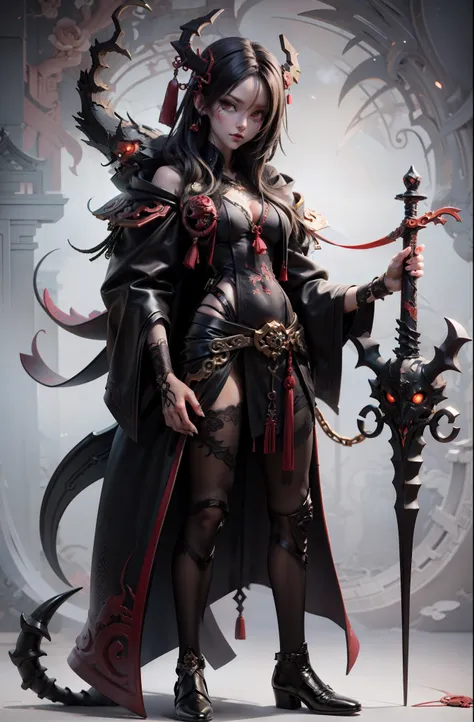 full body Esbian、FULL BODYSHOT、２D Anime、having clothes are worn、Drawing of a woman with a sword and a demon、Beautiful female Grim Reaper Mohrbacher、Mohrbachers art style inspired by Shunkosai Hokushu、asura from chinese myth、God of Chaos inspired by Ryukosa...