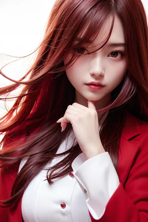 ( Red Long Coat),Ultra 8K,Black skirt,white  ,(Red Mask), (Detailed face, beautifull face), realisitic,(medium),hot with shining sun,long  hair,Placing flowers in your hair,full shot,