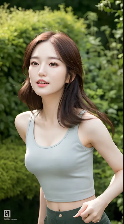 realistic photos of (1 cute Korean star) Shoulder-length hair, thin makeup, medium breasts size, wearing cap, tank top and pants, running in the garden, clear facial features of Canon EOS, 8K high resolution, sharp and realistic details.