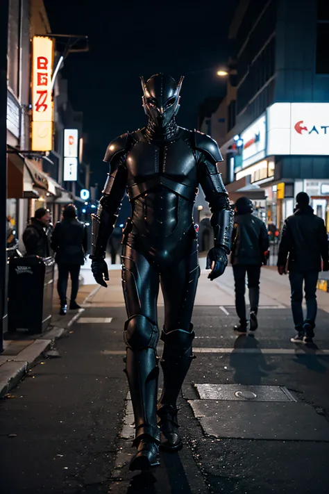 A male alien wearing armor walking through the city  at midnight.