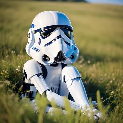 1 stormtrooper mask, Relax sitting with your hands behind your back in the meadow, happiness、blue open sky、Steppe with mountain ranges in the distance、 There are many small yellow flowers in the meadow、On your knees, epicd, 8K、