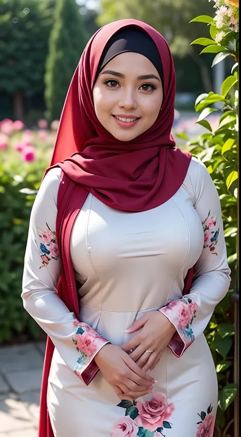 RAW, Best quality, high resolution, Masterpiece: 1.3), Beautiful Malay woman in hijab, Masterpiece, Perfect slim body, ((Big breasts)), Beautiful big eyes, water eyes, Soft smile, ((wearing tight red pastel floral malay gamis with closed hijab)), simple di...