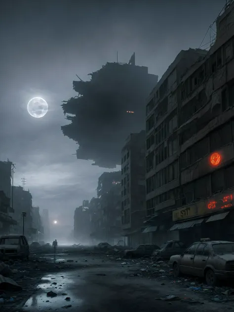 dark futuristic scenery, atmospheric fog, moonlight, futuristic city, dirty streets, trash on street, run down buildings, (postapocalyptic city:1.3)