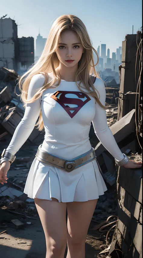 (white superhero theme supergirl),( apocalyptic city destroyed:1.4),(superchica:1.4), (cabello blanco canoso ),more detailed 8k....