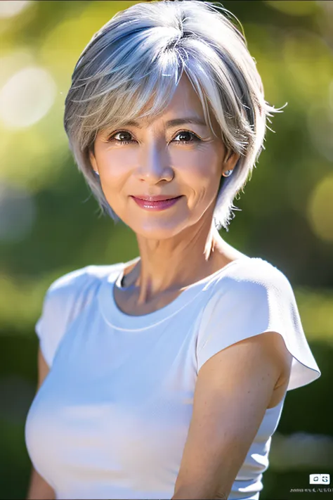 ((Realistic lighting， best qualtiy，8K, tmasterpiece:1.3)), （（50-year-old Chinese woman，largeeyes，ssmile，perspire，8-pack abs）），sharp fokus:1.2, , Perfect figure，looks into camera，The face is delicate，((White hair))，（Short-sleeved trackwear），Ultra-fine face，...