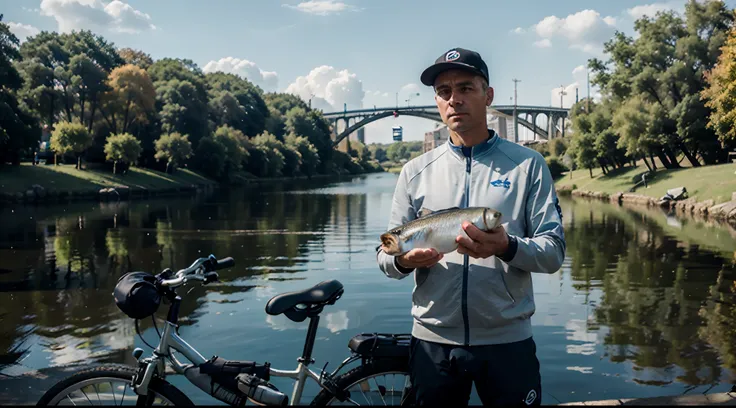 8k Image with Man with Sad Face and a Fish in His Hand, The fish is on top of a bicycle