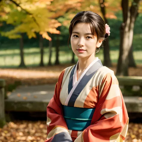 Female in her 40s、Wear a clean Japan kimono、Hair is up、autumn leaves in background