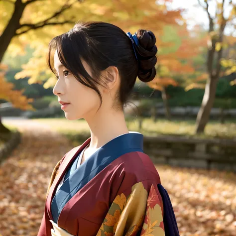 Female in her 40s、Wear a clean Japan kimono、Hair is up、autumn leaves in background