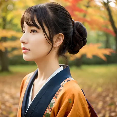 Female in her 40s、Wear a clean Japan kimono、Hair is up、autumn leaves in background