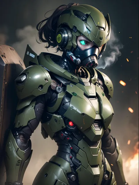 Textured skin, Super Detail, high details, High quality, Best Quality, hight resolution, 1080p, hard disk, Beautiful,(War Machine),Beautiful robot suit middle aged woman,Mecha Cyborg Girl,(dark green armor)((Major damage)),Woman with mechanical body、She we...