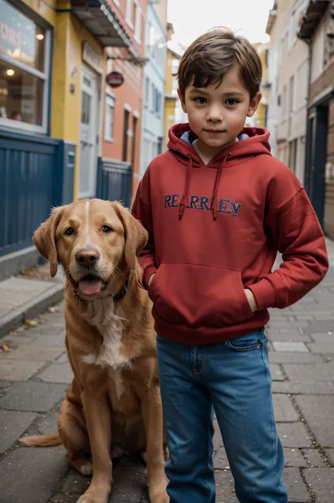 Sam, a 6 year old boy wearing a red  hoodie and blue jeans,and his  yellow labrador named George