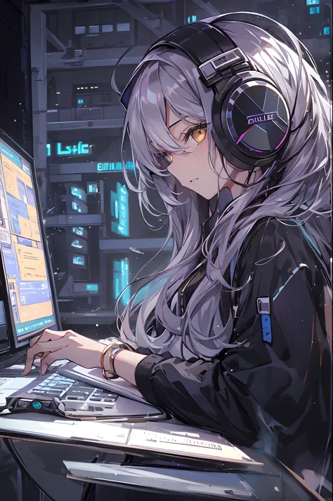 Woman using computer with big screen、silber hair、Semi-long hair、Wearing cool headphones,{{{{{{{{ Black Parker Oversize }}}}}}}},beautiful and delicate golden eyes,Thinking,Black clothes,