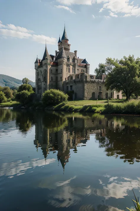 An abandoned castle facing the lake, The reflection hits the water.、A place that reflects this in glory times