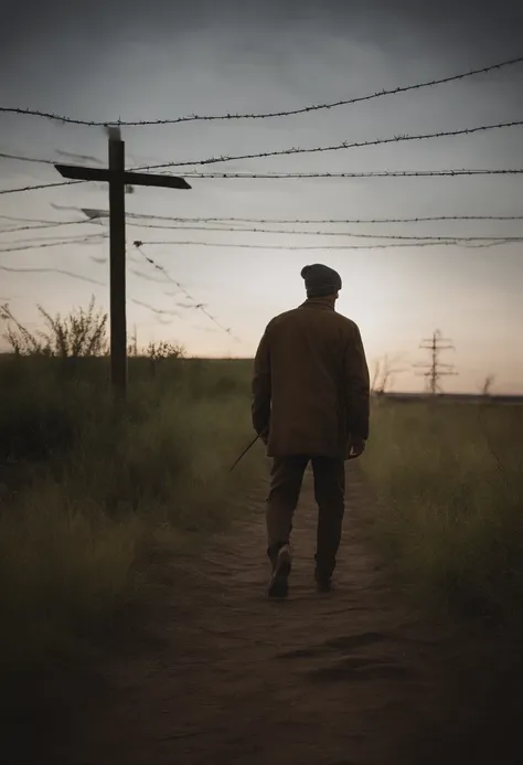 Background, Night, dirt road, The man with an unusual appearance looked back, Barbed wire on one side, Bushes on the other side, Moor fishing boats.