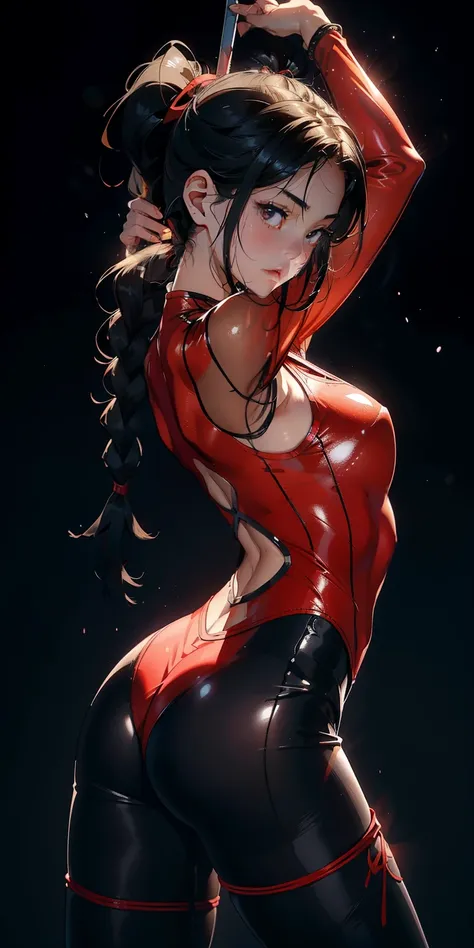 13-year-old girl, 独奏, Wearing transparent tights that fit snugly in a red bodysuit、With a thin fabric that emphasizes smiling buttocks、Super close-up looking up from below、gymnast、​masterpiece, top-quality, realisitic, ultra-detailliert, (shinny skin, Swea...