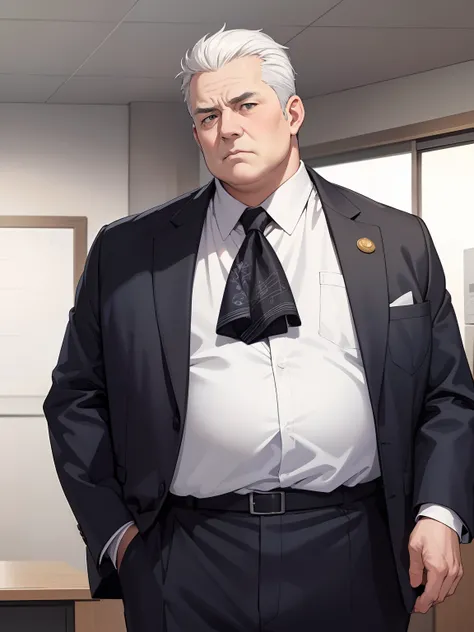 High quality, Masterpiece, age 60，Anime male mayor，Grey flat head, Huge size, Obese, Wearing a black suit，White color blouse，Black suit pants, Reveal a serious expression, Stand in the mayors office, Close-up of the bust.