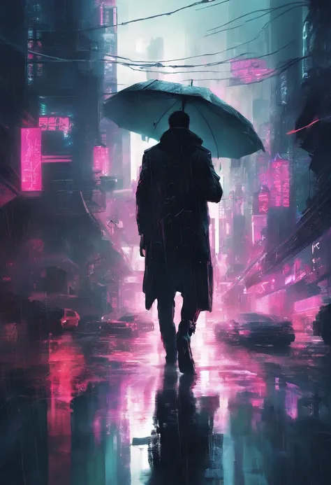 There is a man walking down the street with an umbrella, Liam Wong(Liam Wong)Cyberpunk art inspired by, trending on Artstation, digital art, Rainy Cyberpunk City, Cyberpunk Blade Runner Art, Cyberpunk Digital Painting, Cinematic Digital Painting, ross tran...