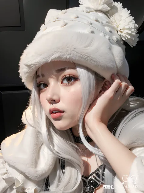 Mujer con sombrero blanco y abrigo peludo, ulzzang, pale snow white skin, Sakimichan, Shikamimi, Peinado blanco de corte hime, Guweiz, Lalisa Manobal, con pelo largo blanco, Retrato realista kawaii, flequillo blanco, pale milky white porcelain skin, Cabell...