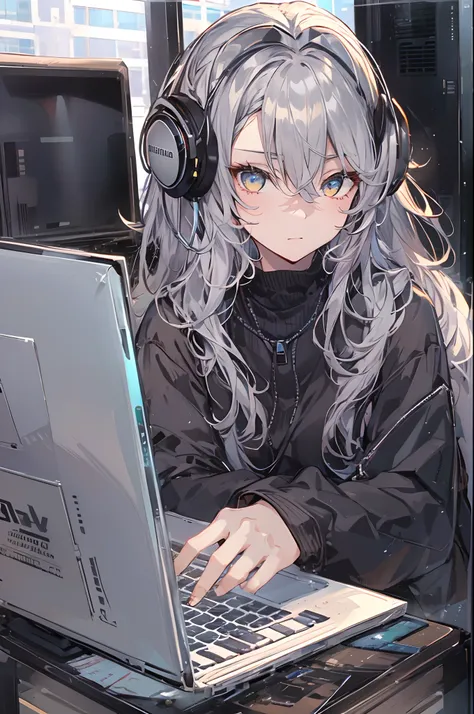 Woman using computer with big screen、silber hair、Semi-long hair、Wearing cool headphones,{{{{{{{{ Black Parker Oversize }}}}}}}},beautiful and delicate golden eyes,Thinking,Black clothes,