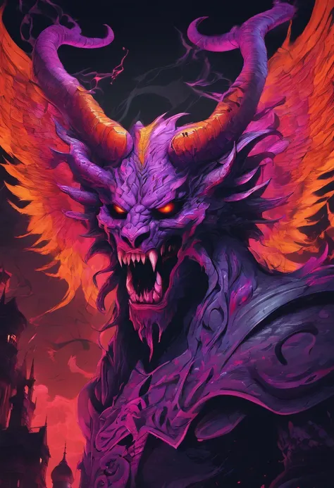 (best quality,4k,8k,highres,masterpiece:1.2),ultra-detailed,(realistic,photorealistic,photo-realistic:1.37),evil demon with glowing purple abyssal powers,casting mystic soul spells,handsome demon,large jagged demonic horns,massive demon angel wings,dark an...