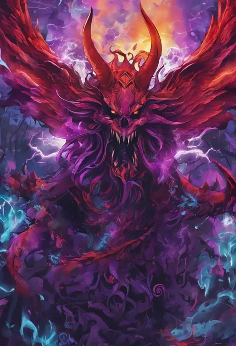 (best quality,4k,8k,highres,masterpiece:1.2),ultra-detailed,(realistic,photorealistic,photo-realistic:1.37),evil demon with glowing purple abyssal powers,casting mystic soul spells,handsome demon,large jagged demonic horns,massive demon angel wings,dark an...