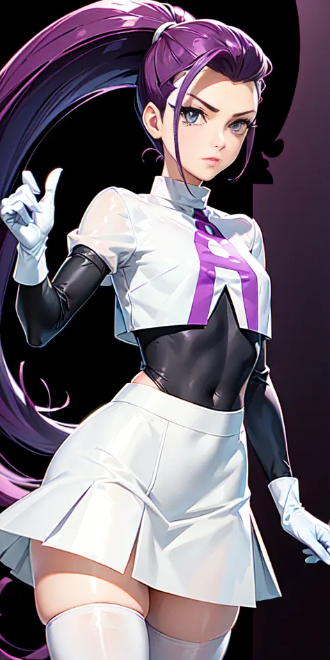 jessie pokemon, hair slicked back, long hair,purple hair,blue eyes, team rocket ,team rocket uniform ,((300% transparent silk: white 30% skirt, crop 30% top)),thighhighs,elbow gloves