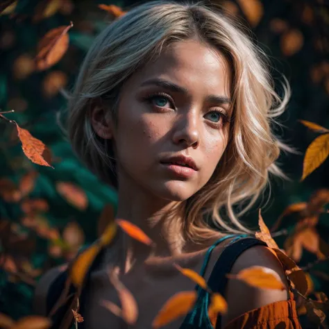 (Cinematic Silhouette of an adult female against an orange backdrop), (falling turquoise leaves around her:1.1), voluminous white hair highlighted, calm expression profiled, (small breasts, orange top off shoulders), freckled skin, the photograph captured ...