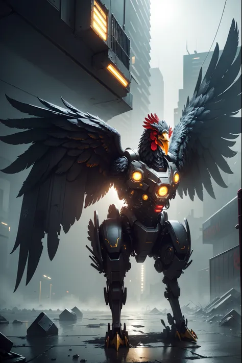 (Best quality, A high resolution, Ultra-detailed), [(A metal mechanical combat chicken), ((Mechanical)), Futuristic, (Metallic), glowing light eyes, sharp beak], Rain-soaked streets, dystopian city, atmospheric fog, Cinematic, Atmospheric lighting