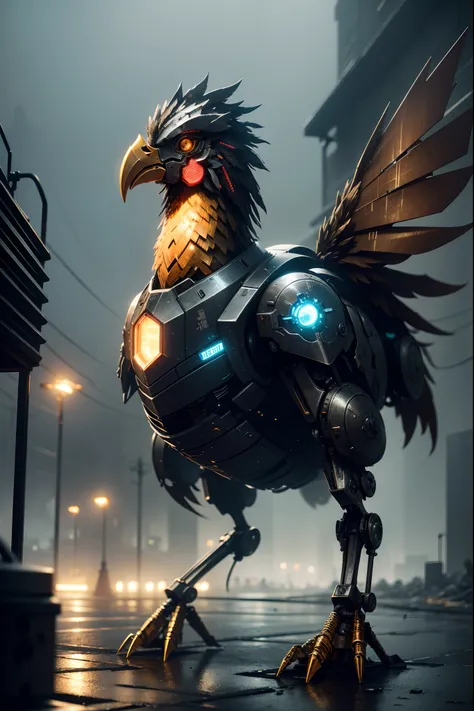 (Best quality, A high resolution, Ultra-detailed), [(A metal mechanical combat chicken), ((Mechanical)), Futuristic, (Metallic), glowing light eyes, sharp beak], Rain-soaked streets, dystopian city, atmospheric fog, Cinematic, Atmospheric lighting