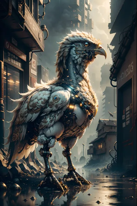 (Best quality, A high resolution, Ultra-detailed), [(A Battle Chicken), ((Mechanical)), Futuristic, (Metallic), glowing light eyes, sharp beak], Rain-soaked streets, dystopian city, atmospheric fog, Cinematic, Atmospheric lighting