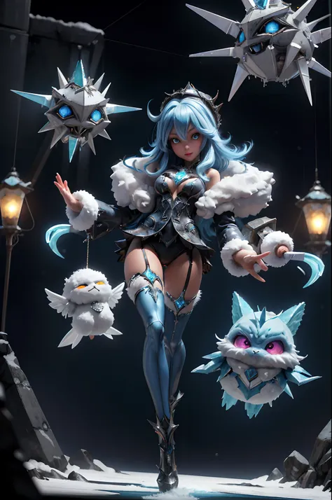 Full body standing）, Full body shot 、Fluffy costumes,、She wears a white fluffy outfit,Queen with beautiful winter face in severe cold、 Fluffy hat, Ice World, And the ice pendant.、Portraits of characters from Night Elf Warden World of Warcraft, A hyper-real...