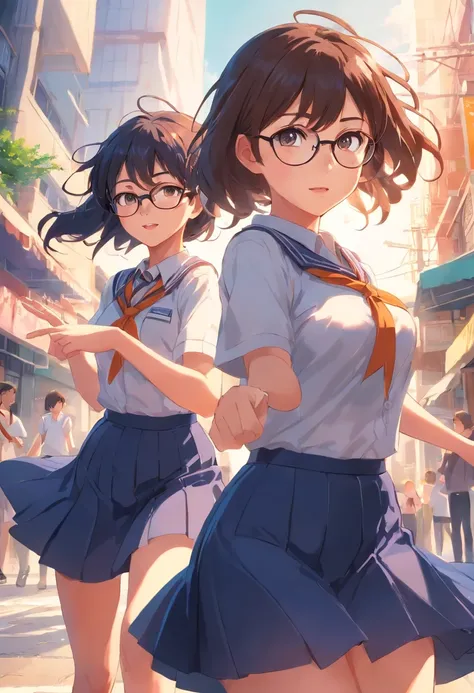 A very beautiful girl in detailed glasses student in very sexy uniform with another very sexy sex girl running her hand in her ultra realistic skirt