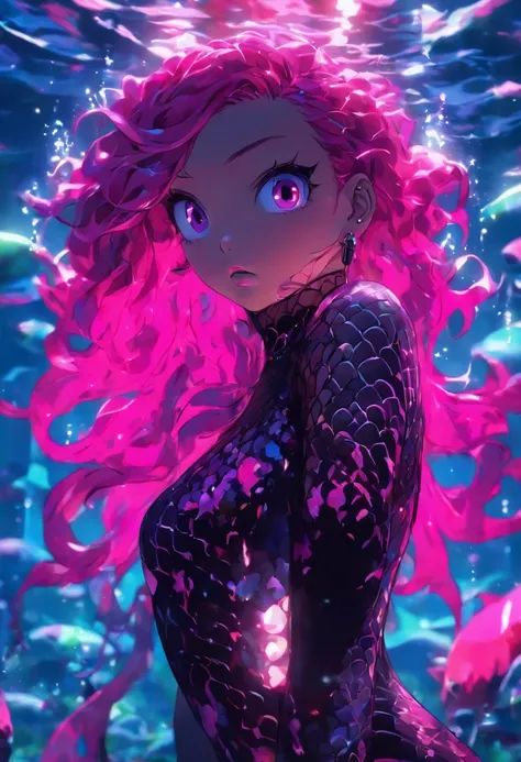 anime girl with pink hair and fishnets posing for a picture, scales covering her chest, biomechanical oppai, best anime 4k konachan wallpaper, seductive anime girl, oppai cyberpunk, ((pink)), ahegao, scales on her chest, anime monster girl, detailed digita...