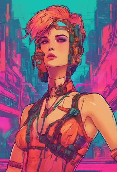 shortcut hair noble woman, cyberpunk, high tech jumpsuit,