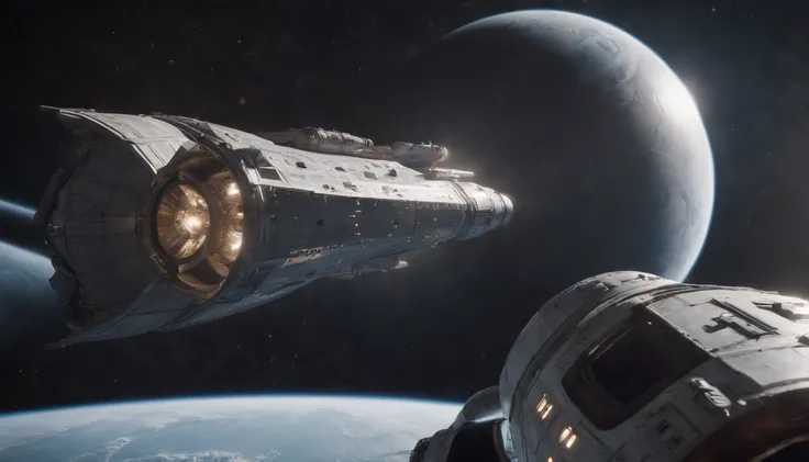 An astronauts back in front of a colossal Space ship the size of 3 cities in length, in the shape of a destroyer battlestar galactica ship, floating in space, computer background, cinematic, realism, crystal clear, micro-details, photo-realism, photo-reali...