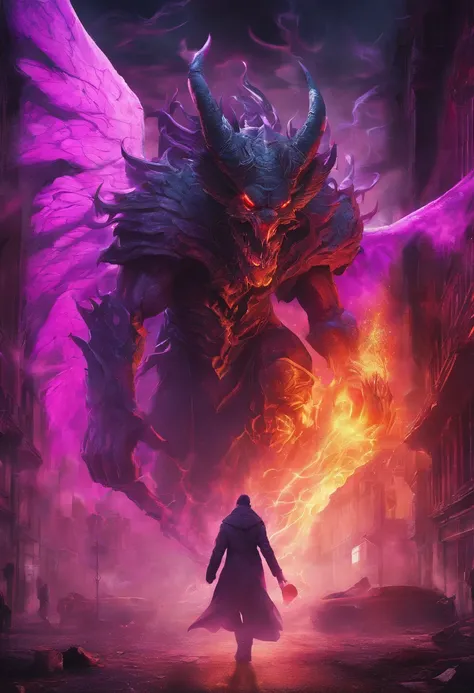 (best quality,4k,8k,highres,masterpiece:1.2),ultra-detailed,(realistic,photorealistic,photo-realistic:1.37),evil demon with glowing purple abyssal powers,casting mystic soul spells,handsome demon,large jagged demonic horns,massive demon angel wings,dark an...