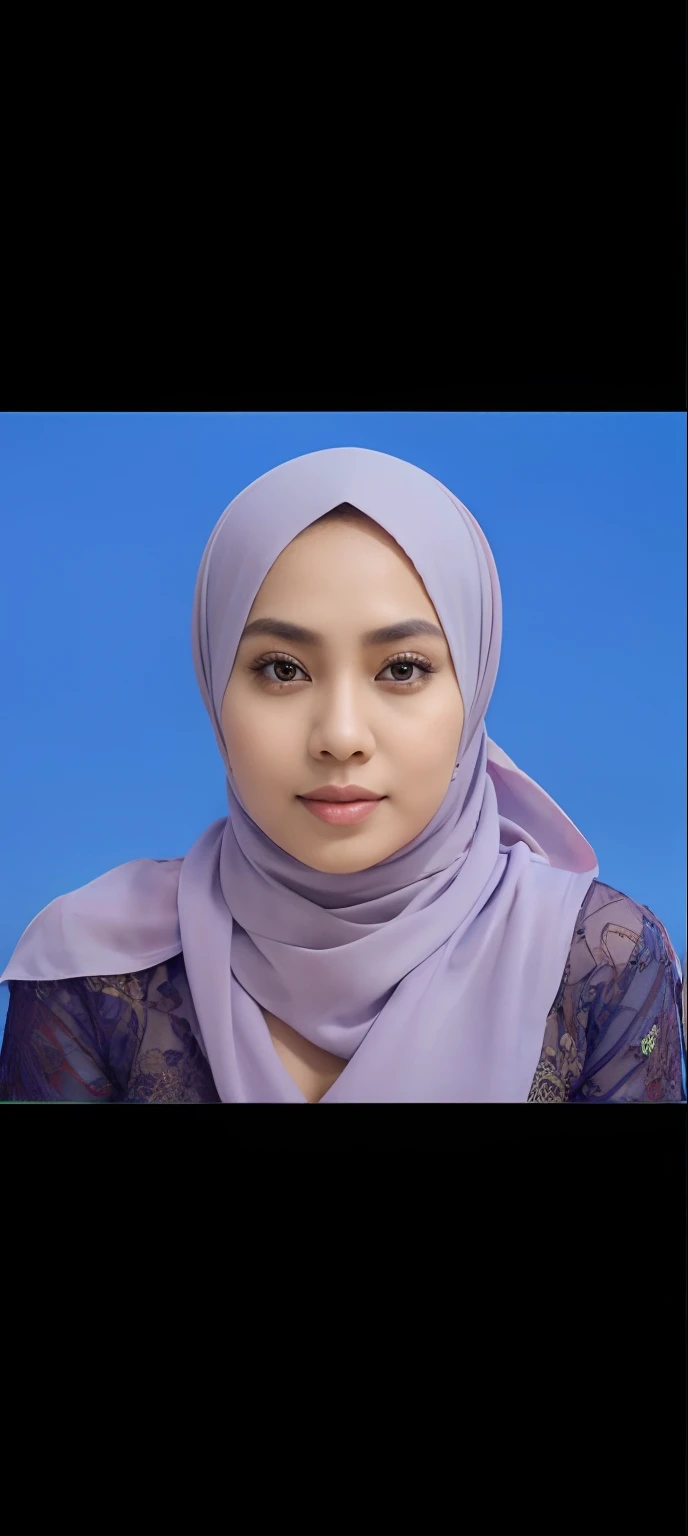 RAW, Best quality, high resolution, Masterpiece: 1.3), Beautiful Malay woman in hijab, Masterpiece, Perfect slim body, ((Big breasts)), Beautiful big eyes, Soft smile, Wearing a kebaya blue