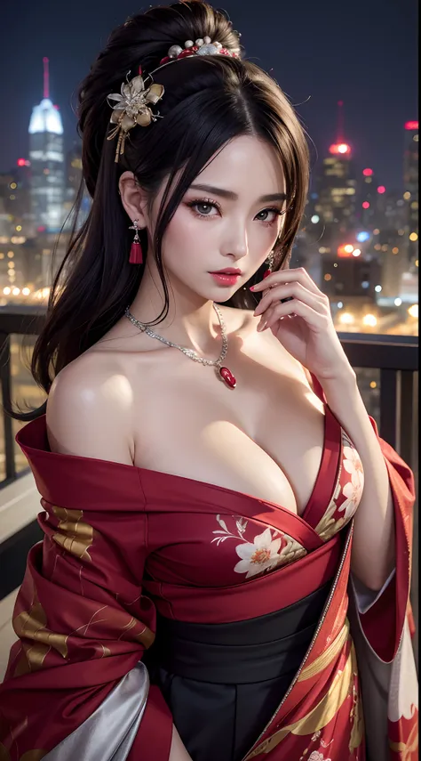 (hyper realstic)、Modern Oiran、(Female Ninja of the 21st Century)､Beautie　　high-level image quality　hight resolution　(Realistic)　Shorthair､Woman with dark hair、A MILF、Middle-aged woman、Big big、Detailed red-black 、detailed skin textures、超A high resolution、Re...