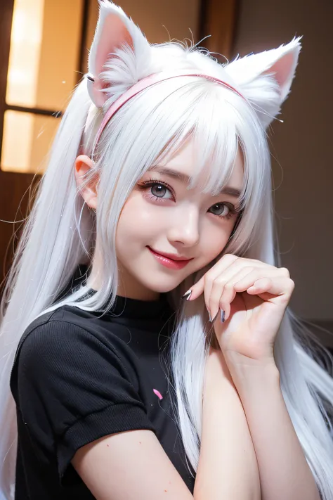 Anime girl with cat ears, ((a 25yo woman))、A smile、Soft white fluff in the ears,, Her eyes are big and curious, She was excited and happy to see me, Beautiful eyes, White hair, Pink eyes, good art, Good drawings, 2D Anime, 2D, Cute, 2 hands and 5 fingers o...