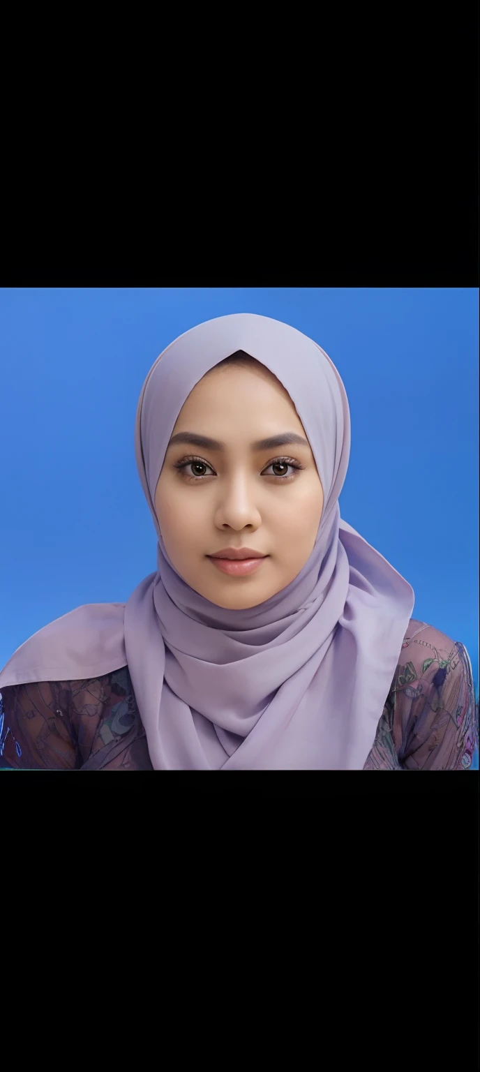 RAW, Best quality, high resolution, Masterpiece: 1.3), Beautiful Malay woman in hijab, Masterpiece, Perfect slim body, ((Big breasts)), Beautiful big eyes, Soft smile, Wearing a kebaya blue