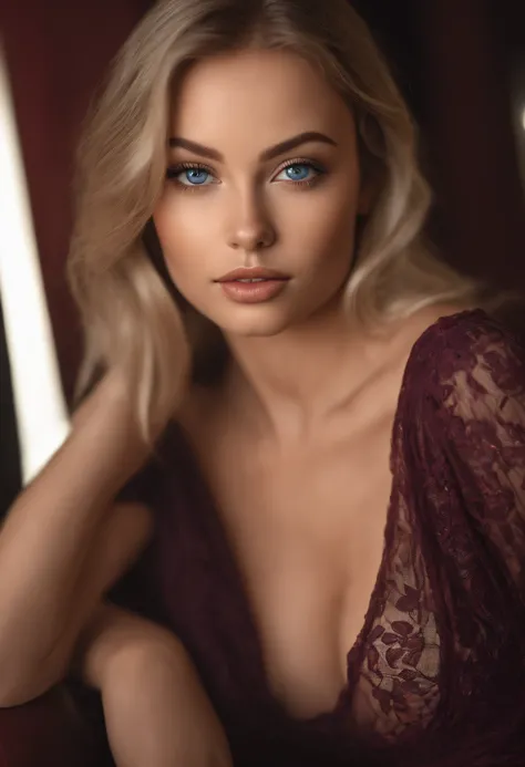 arafed woman fully , sexy girl with blue eyes, ultra realistic, meticulously detailed, portrait sophie mudd, blonde hair and large eyes, selfie of a young woman, bedroom eyes, violet myers, without makeup, natural makeup, looking directly at the camera, fa...