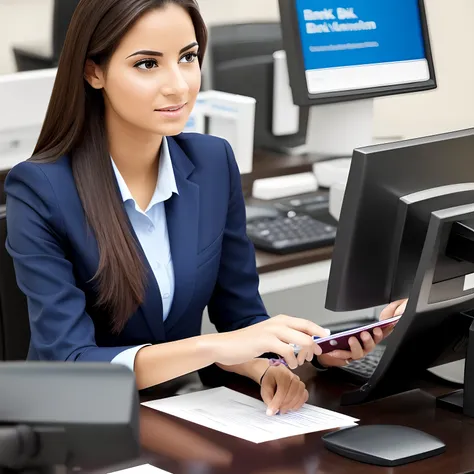 A female clerk working at a bank