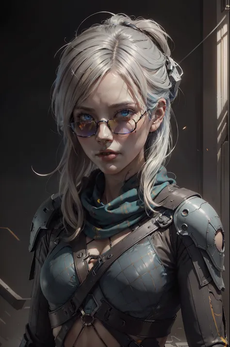 (dark shot:1.1), epic realistic, portrait of halo, sunglasses, blue eyes, tartan scarf, white hair by atey ghailan, by greg rutkowski, by greg tocchini, by james gilleard, by joe fenton, by kaethe butcher, gradient yellow, black, brown and magenta color sc...