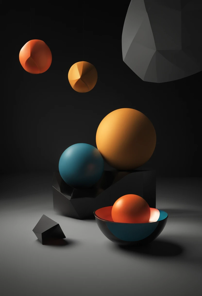 spherical objects, black background, there is a way the triangle overlays the square block,the square block and triangle combine,triangle overlays the square block