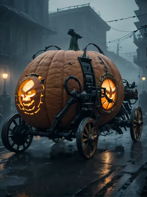 an intricate Pumpkin Carriage, in the style of metal gear solid, (epic, cinematic:1.3), fog, depth of field, masterpiece, best quality, fairy tale