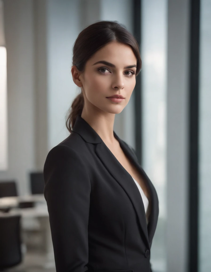 foto realista mulher morena cabelos longos ondulados roupa de executiva, Black suit in office with face facing forward oval face