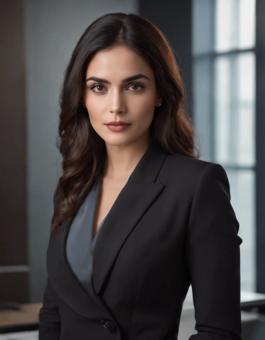 foto realista mulher morena cabelos longos ondulados roupa de executiva, Black suit in office with face facing forward oval face