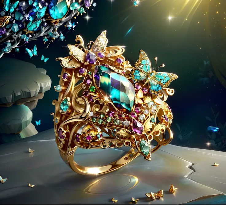 there is a silver ring with a large stone surrounded by butterflies, jewelry photography, gemstones and gold, embedded with gemstones, fantasy. intricate, gems and gold, luxurious ornate golden jewelry, butterfly jewelry, the magical ring of three wishes, ...