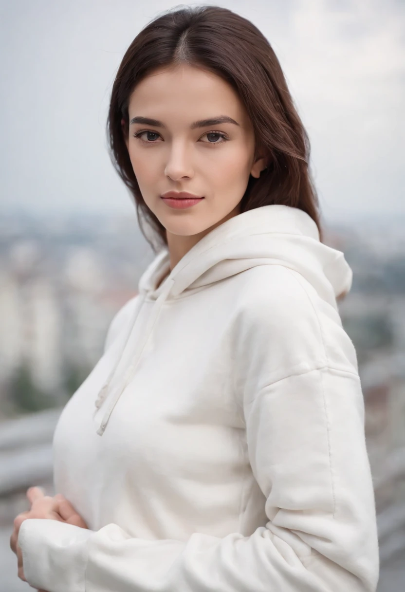 Professional image of a 25-year-old working woman, Wear a white hoodie, Professional profile photo, posing with crossed arms, professional picture, professional profile picture, photograph of a woman, Business woman, lecturer, Black hair, Slim body, 8K hig...